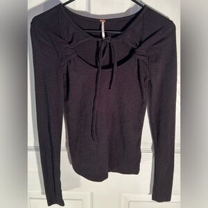 Free People Top Black Ling Sleeve Round Neck with Ties Knitted XS